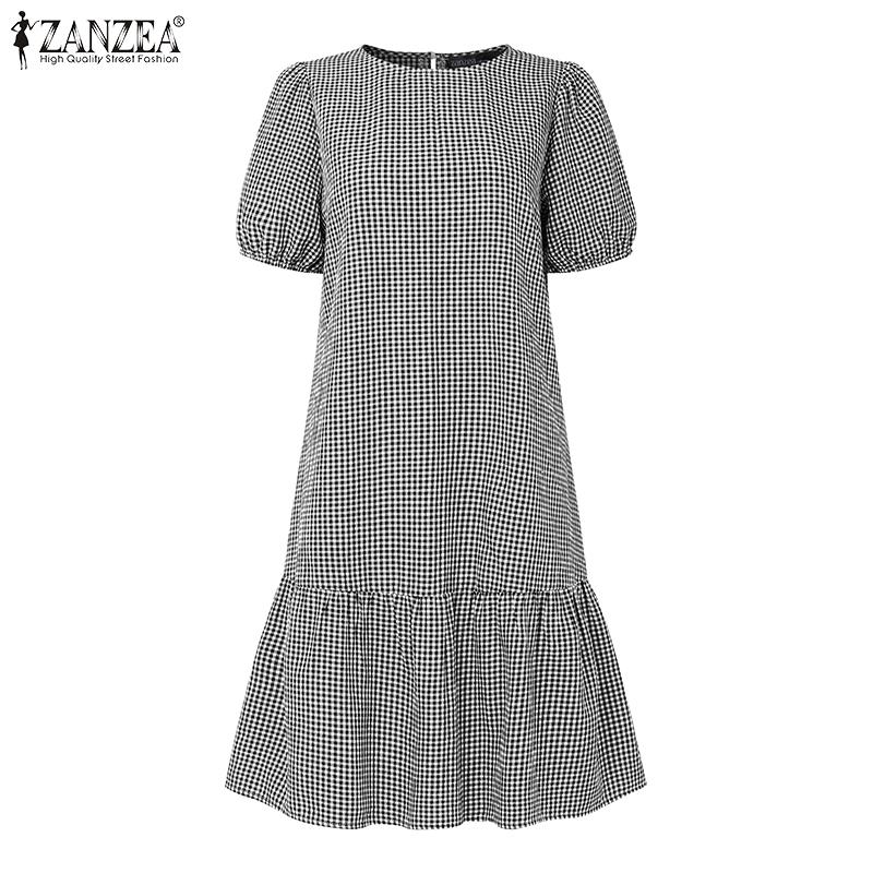 ZANZEA Women Casual Round Neck Grid Print Summer Short Sleeve Dress