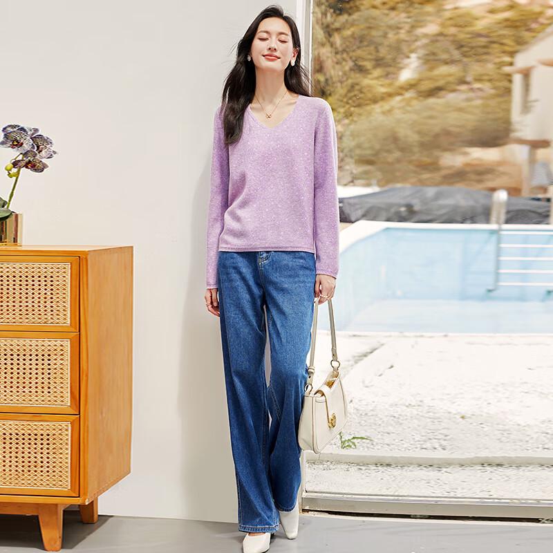 VICTORIA&VERA Women's 100% Wool Shimmer V-Neck Knit Sweater