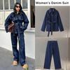 Cinturón Vintage Chaqueta de Mezclilla Traje de Pantalón Mujer Solapa Un Botón Abrigo de Encaje Pantalones de Pierna Recta 2026 Primavera Holgado Ropa de Mujer