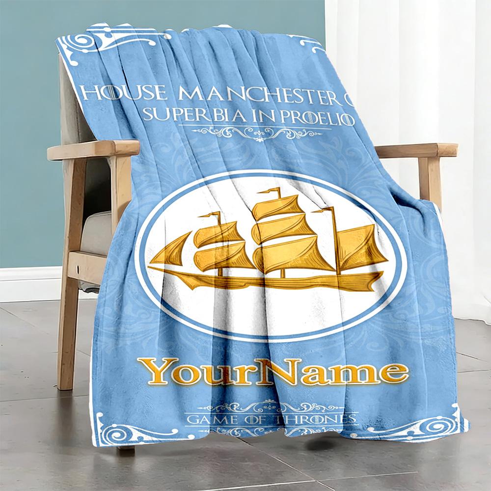 Manchester City Customize Text Blanket Cozy Customizable Blanket Ultra-Soft Great for Office Chair Living Room Home Decor Bedding