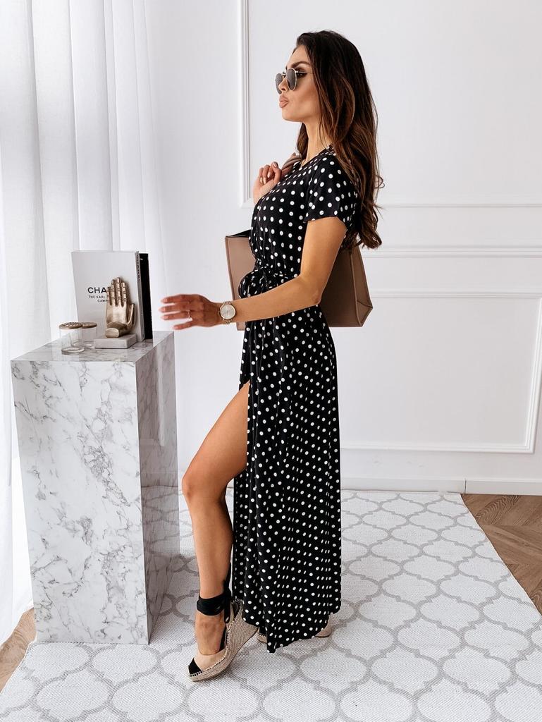 Womens Boho Beach Holiday Dress Summer Fashion Maxi Dress Short Sleeve V-Neck Ladies Polka Dot Dreeses Split Vestidos For Femela
