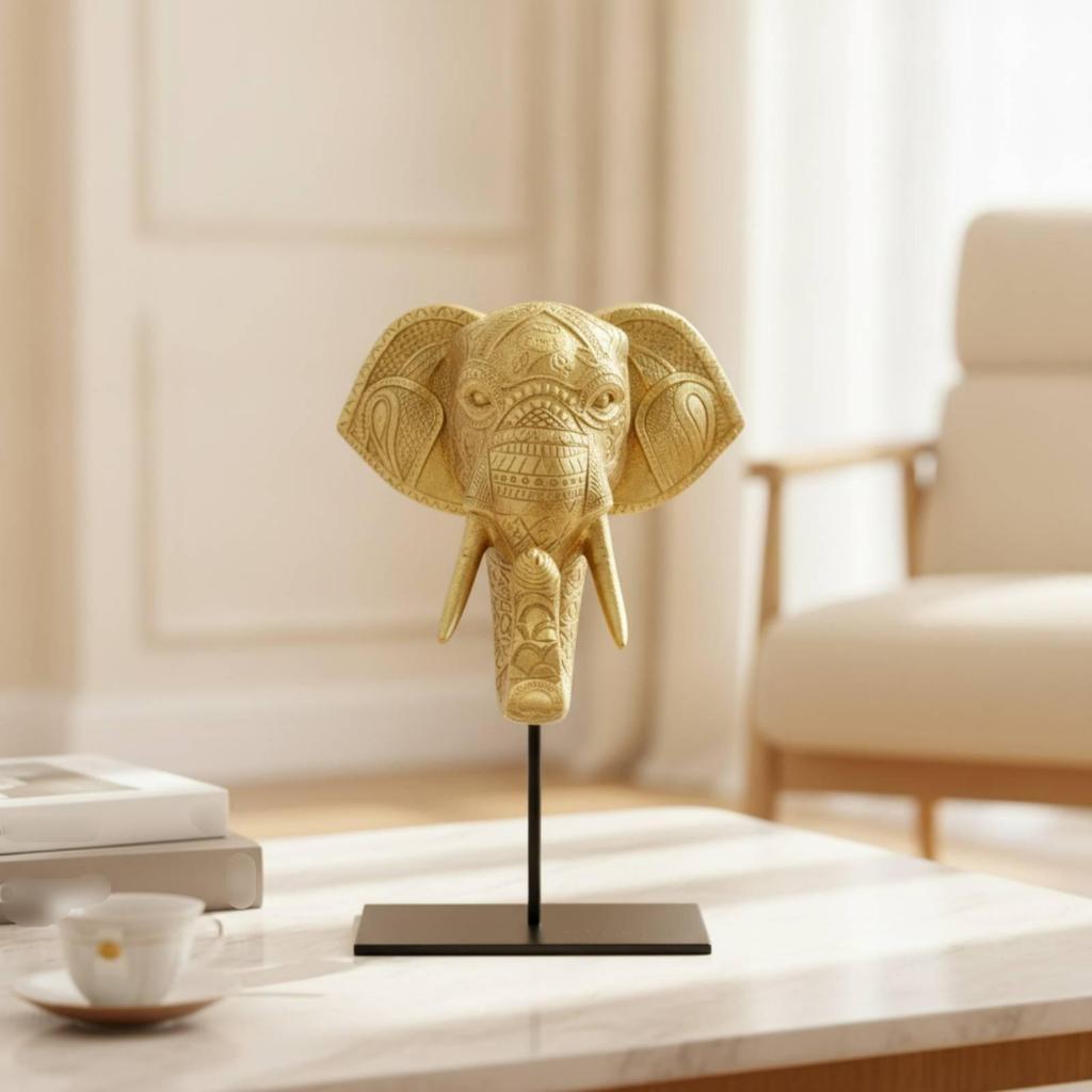 Elephant Head on Stand Gilded Decor Tabletop for Office