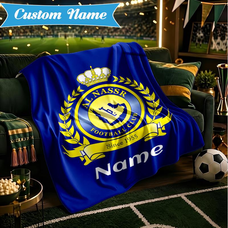 Custom Name Nassr Football Club Crest Blanket Lightweight Ideal Bedding Blanket Perfect for Travel, Camping, Living Rooms, Sofas, Christmas Gift