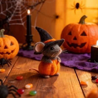 Yousheng Halloween Kürbis Maus Ornament mit Hexenhut Handgemachte Wollfilz Dekoration Geburtstagsfeiern Requisiten Halloween Dekoration