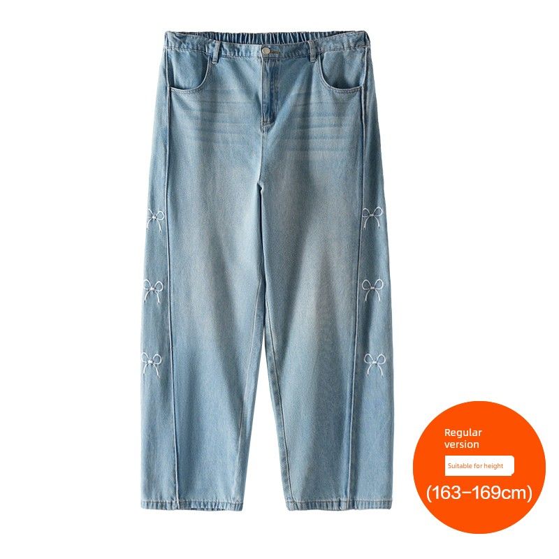 

Plus size women clothing [Curved Knife Jeans] Three Pants Length Early Autumn New Bow Embroidered High Waist Wide Leg Pants Blue (163-169cm) 36