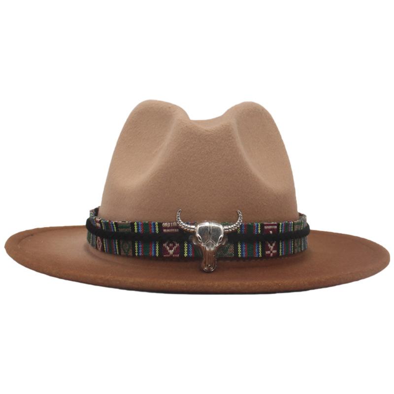 Trendy Tibetan Top Hat, Western Cowboy Hat, Bull Head Big Brim Woolen Felt Hat Gradual Change Color Spray Paint Two-Color Hat