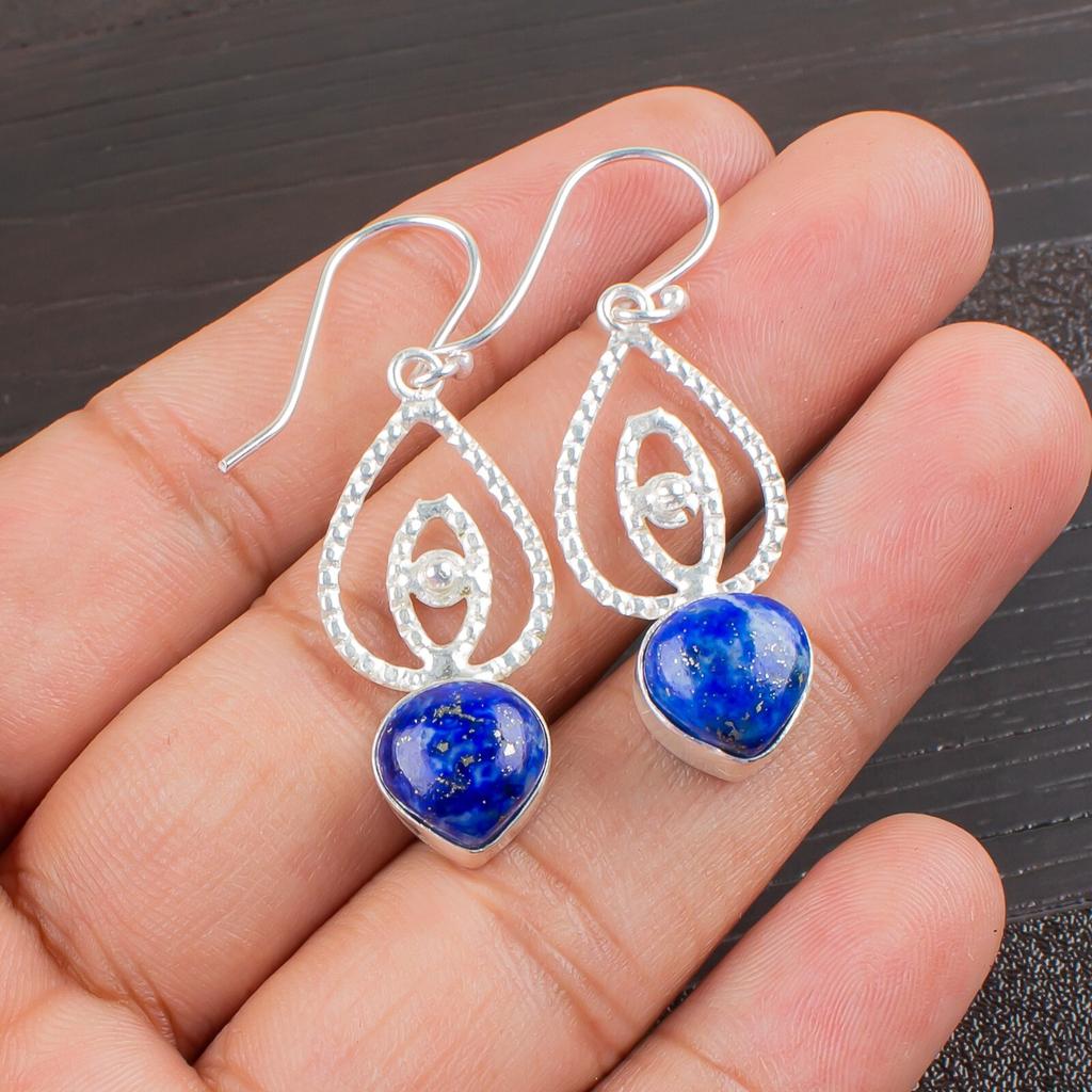 Natural Lapis Lazuli Gemstone 925 Sterling Silver Jewelry Dangle Earrings 2.00" EE-32-24