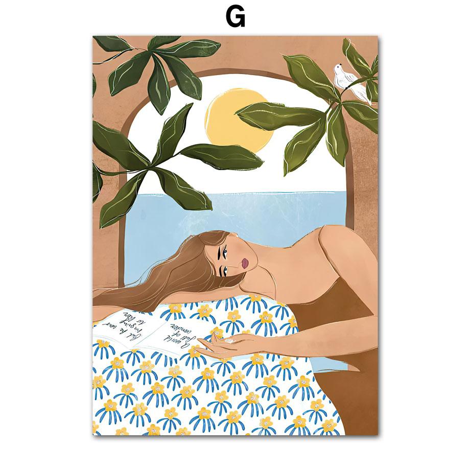 Abstract Boho Fashion Girl Posters Plant Leaves Fruit Flower Minimalist Wall Art Canvas Painting Wall Pictures Living Room Decor