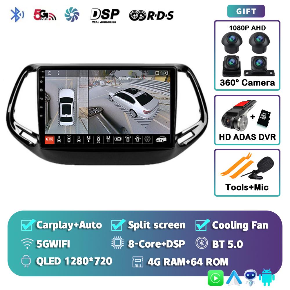 Android 14 Carplay Auto WIFI+4G Car Radio For Jeep Compass 2017 2018 2019 Multimedia GPS Video Player Stereo 2din Dsp Head Unit