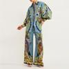 Women's Loose Fit Two Piece Matching Set Long Sleeve Collar Shirt Elastic Waist Wide Leg Pants
