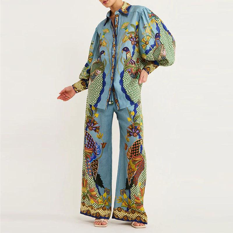 Women's Loose Fit Two Piece Matching Set Long Sleeve Collar Shirt Elastic Waist Wide Leg Pants