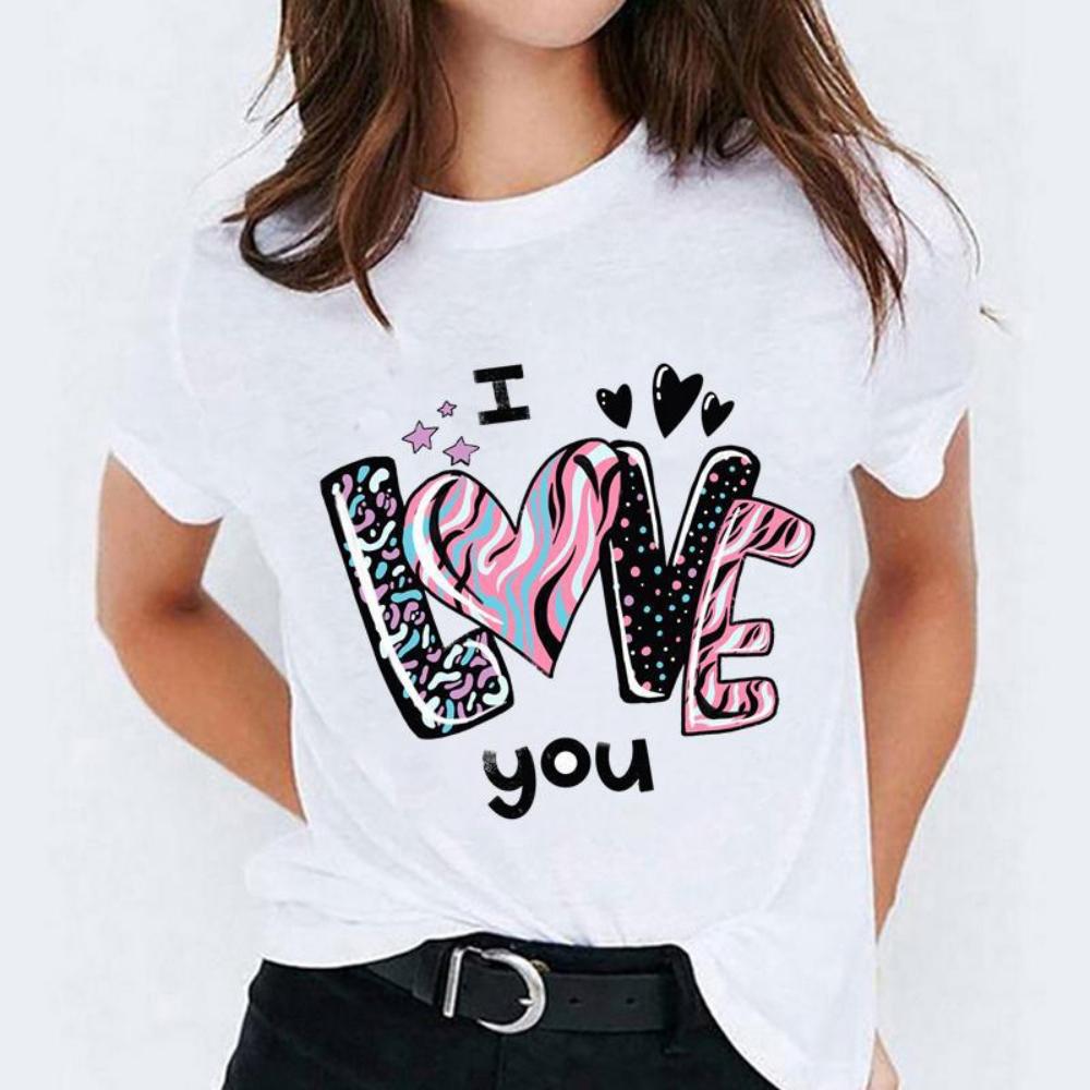 Glossy Red Love Heart Print Tee Womens Oversized Casual Loose T Shirt Streetwear Daily Fashion Top Durable Plus Size Blouse XL