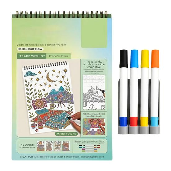 Stress Relief Coloring Activity Trace-By-Groove Guided Book, Clear Artistic Printing with 20 Decorative Double Sided Marker Pen Set Scenes And