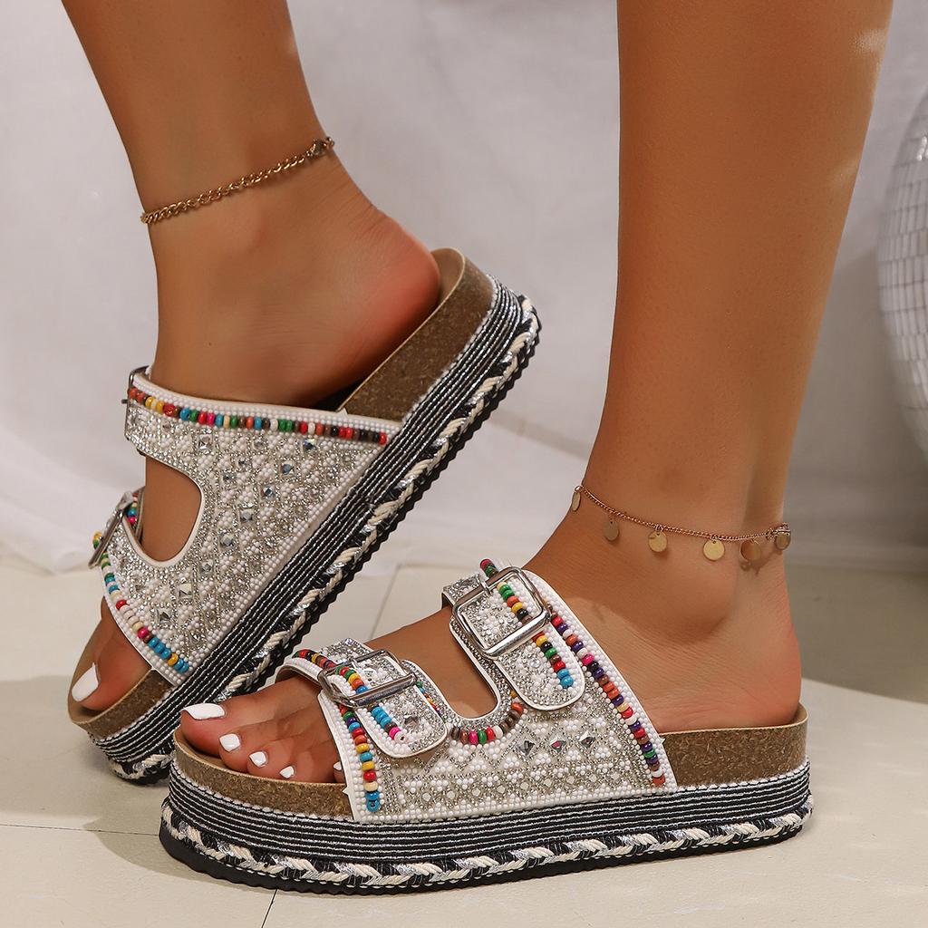 Women's Wide Width Cork Sandals, Rhinestone & Bead Platform Slides, Colorful Double Buckle Slippers for Women