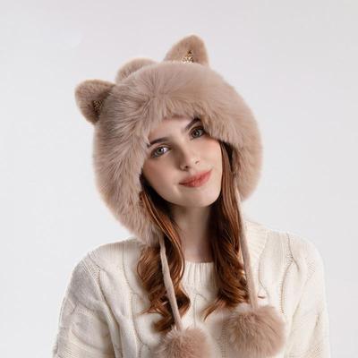 Frauen Winter Nette Gestrickte Cartoon Haar Ball Ohr Schutz Kappe Plüsch Verdickt Warme Mütze