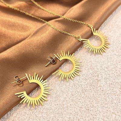 Ensemble Collier et Boucles d'Oreilles Tournesol Minimaliste Bijoux Dorés Mode pour Femmes