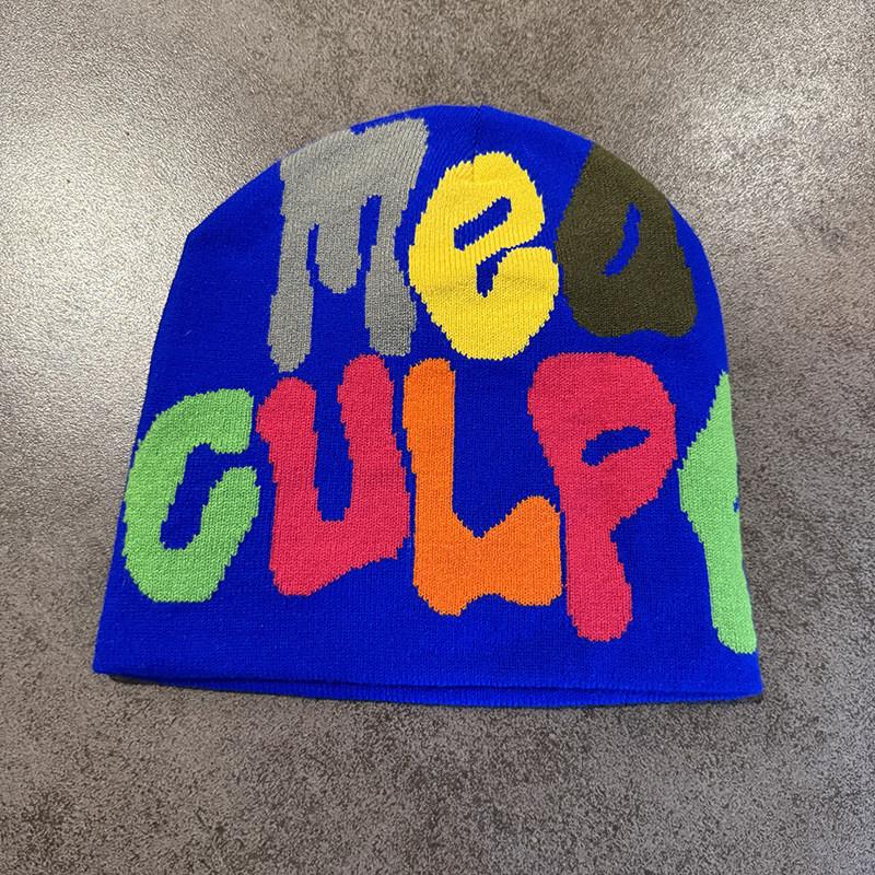 Fashion Streetwear Colorful Letter Design Knit Cap For Men And Women Warm With No Brim Style синий