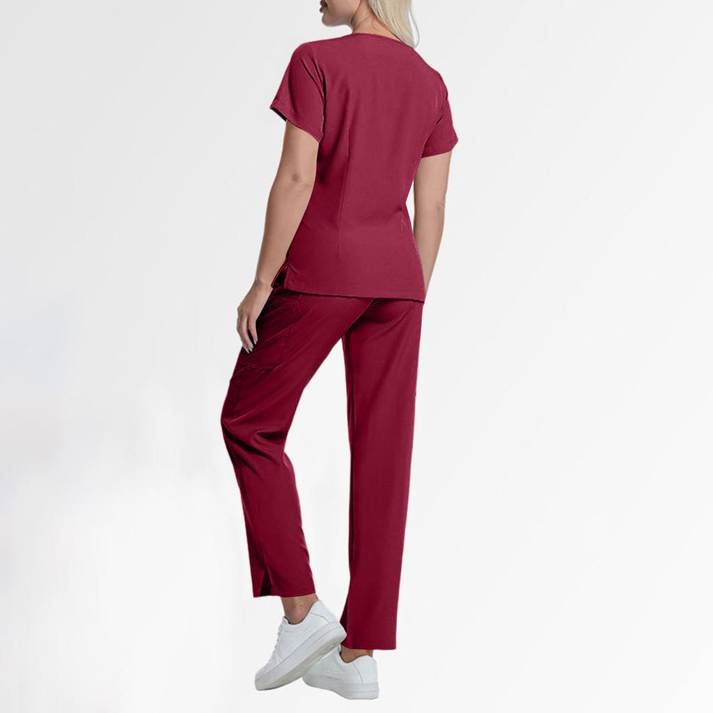 Women's Short Sleeved Color Round Neck Pocket Top Pants Work Clothes Two Piece Set