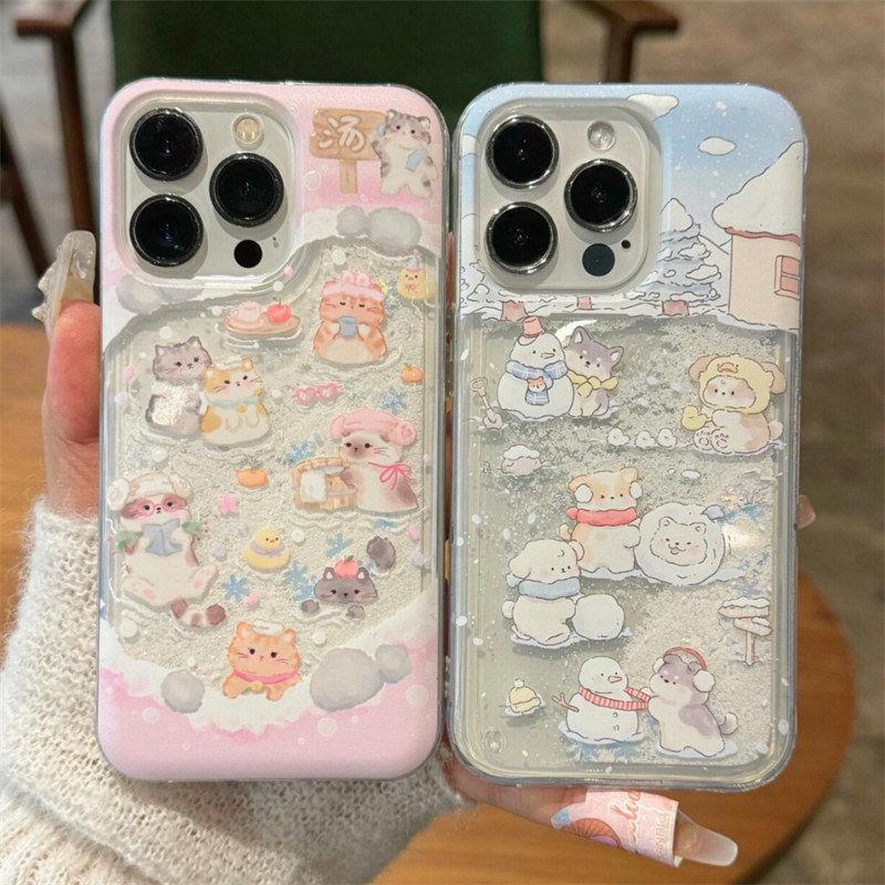 Snow Hot Spring Cats and Dogs Are Suitable for Apple 11Promax Mobile Phone Case 11promax Large Hole Anti-drop Explosion Quicksand Case