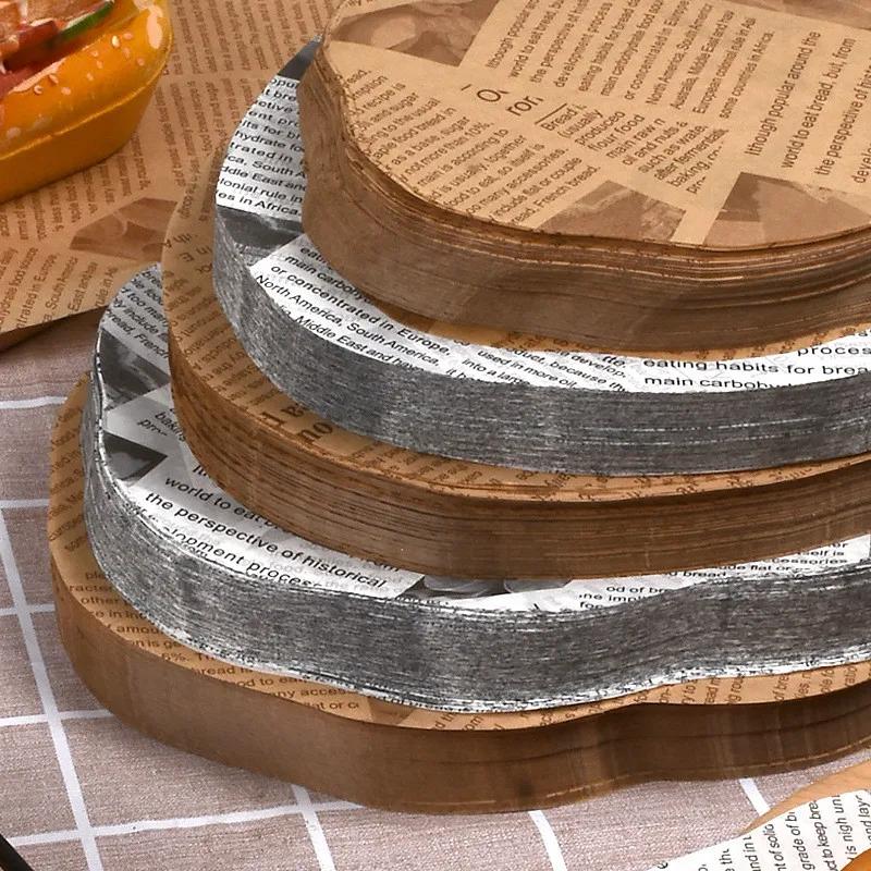 100Pcs Oval Lace Pad English Newspaper Printed Greaseproof Paper Oil Absorbent Hamburger Bread Baking Tray