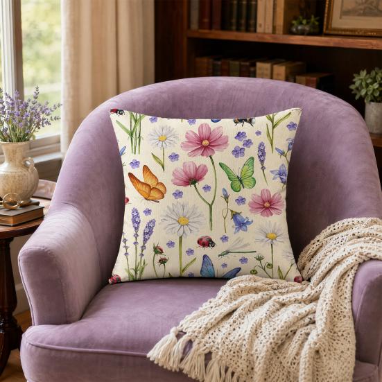 Floral Cushion Cover, 18x18 Inch Decorative Throw Pillow Cover with Hidden Zipper, Plant Insect Flower Patterns, Cushion Case for Sofa Car Home Decor