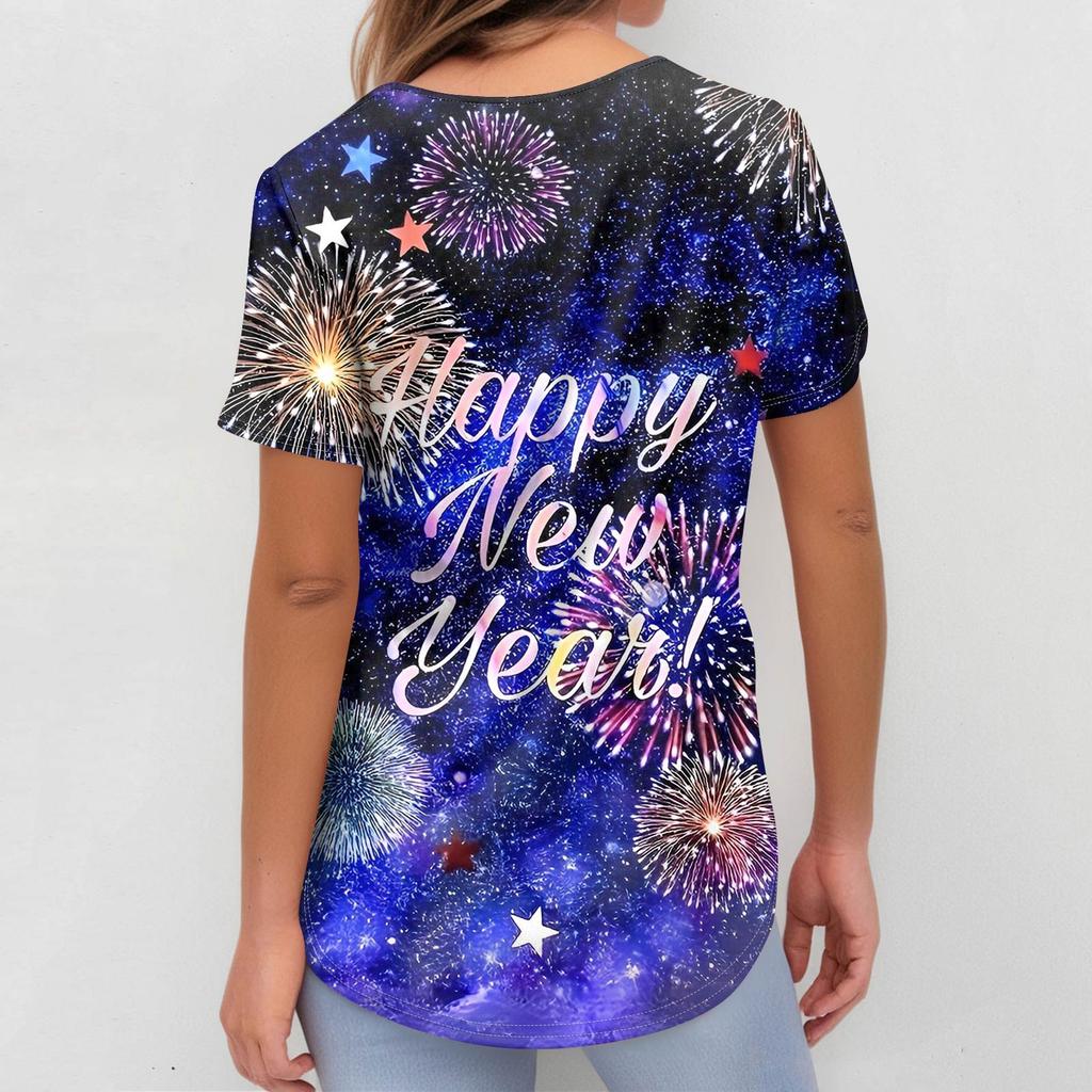 Women's Fashion Printed Short Sleeve V Neck Pattern Tops Pocket Working T-shirts