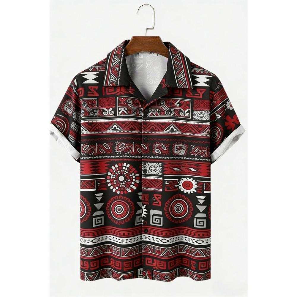 Herren Neu Leinen Ethnisch Stammesstil 3D Gedrucktes Hemd Hawaiianisch Tropisch Atmungsaktiv Bequem Kurzärmelig Revers Kleidung Herren