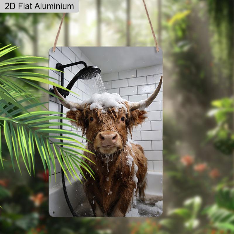 2D Flat, 1pc Funny Highland Cow In Shower Aluminium Metal Wall Decor Sign - 8"x12" Humorous Bathroom Decor, Cute Highland Cattle Bathtub Wall Art