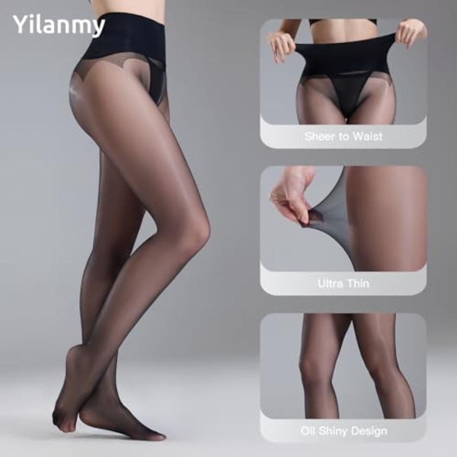 2 Pairs Seamless Shiny Pantyhose For Women, 20D Oil Glossy Sheer Tights With Control Top Shimmer Silk Nylon Stockings