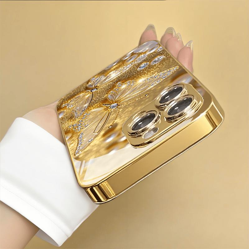 Diamond Gold Butterfly Glass Tempered Phone Case Suitable for iPhone 17 16 15 14 13 12 11 Pro/Max/Plus Anti Drop and Shockproof