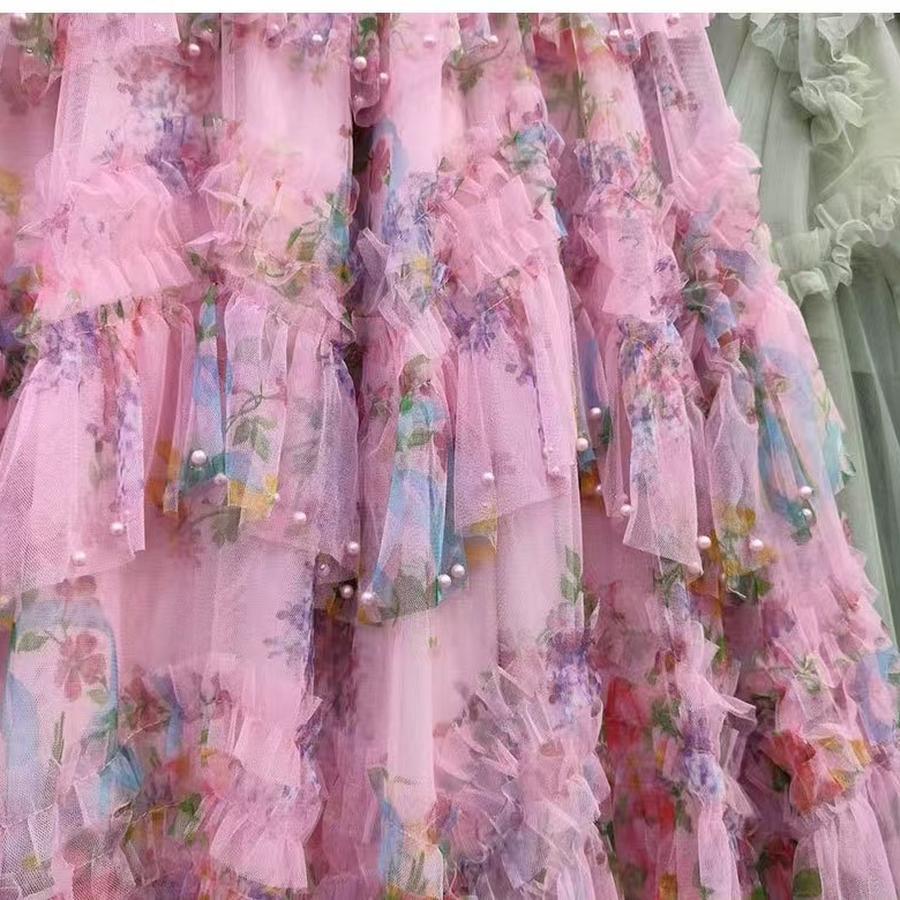 Reinforcement Nail Pearl Patchwork Printed Mesh Cake Dress Half Skirt for Girls New Hollow Out Long Dress