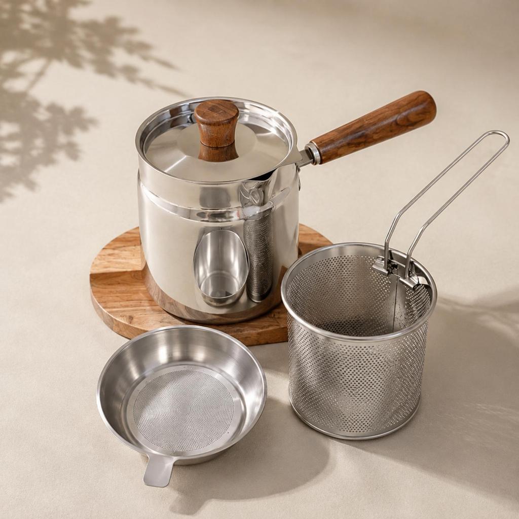 Stainless Steel Frying Pot Uncoated with Wooden-Look Handle Stovetop