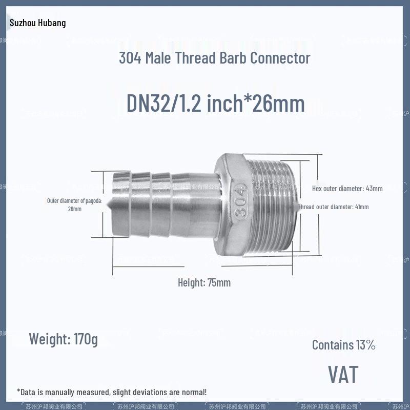 1" Hexagonal Barb Connector, 304 Stainless Steel for Water Pipe Hose, 316 Male Thread Plug