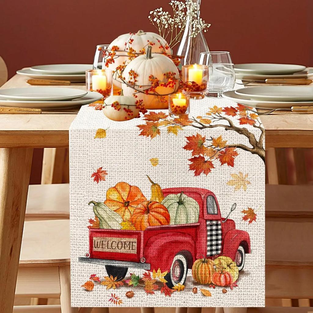Fall Harvest Red Truck Pumpkin Linen Table Runners Holiday Party Decor Reusable Kitchen Dining Table Runners Autumn Decorations