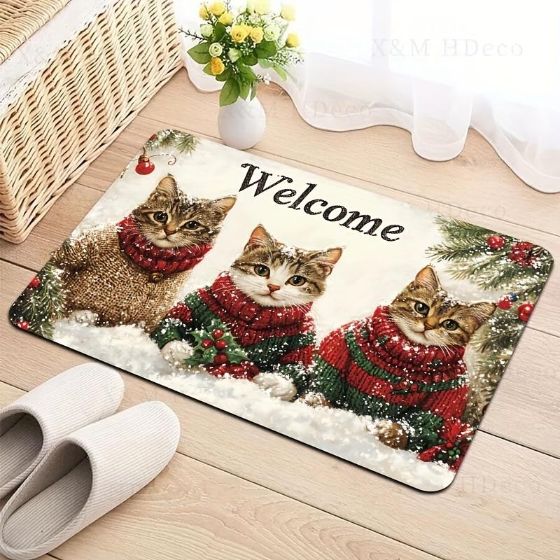 3 Cats Christmas Welcome Doormat, Polyester PVC Backing Machine Washable Rug for Multi-Room Holiday Decor