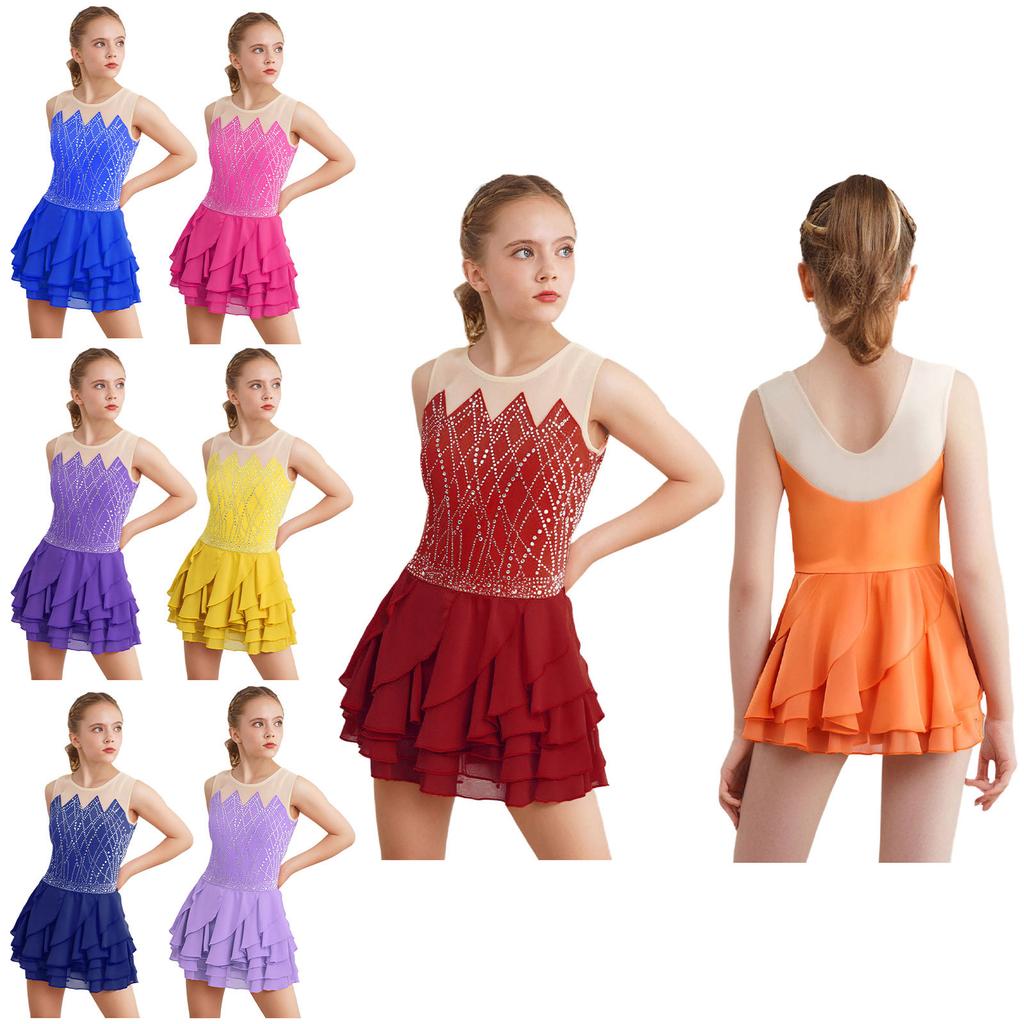 Kids Girls Rhythm Gymnastics Ballet Skirted Leotards Dresses Shiny Rhinestones Figure Skating Lyrical Dance Performance Costume