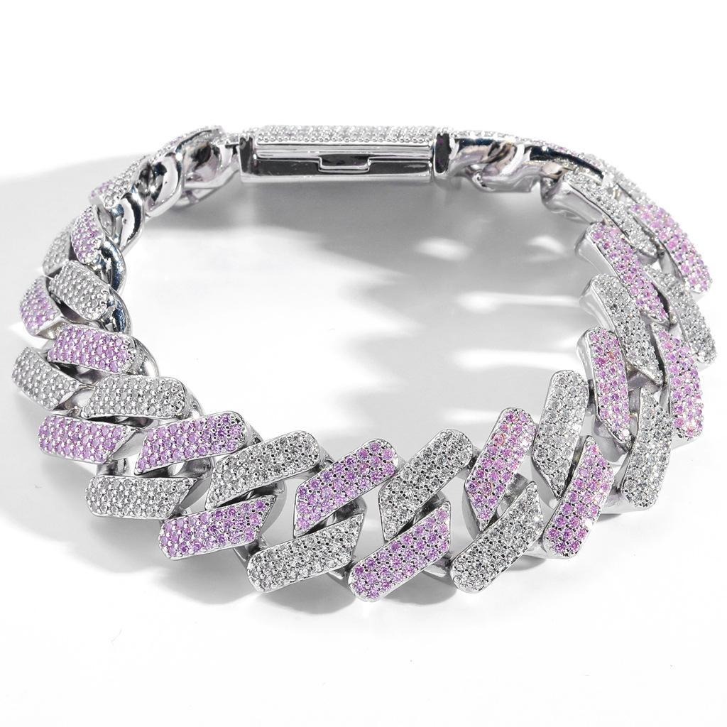 Personalized Hip Hop Jewelry 20mm Bling Iced Out Two Tone Silver and Pink CZ Prong Miami Cuban Link Chain Bracelet