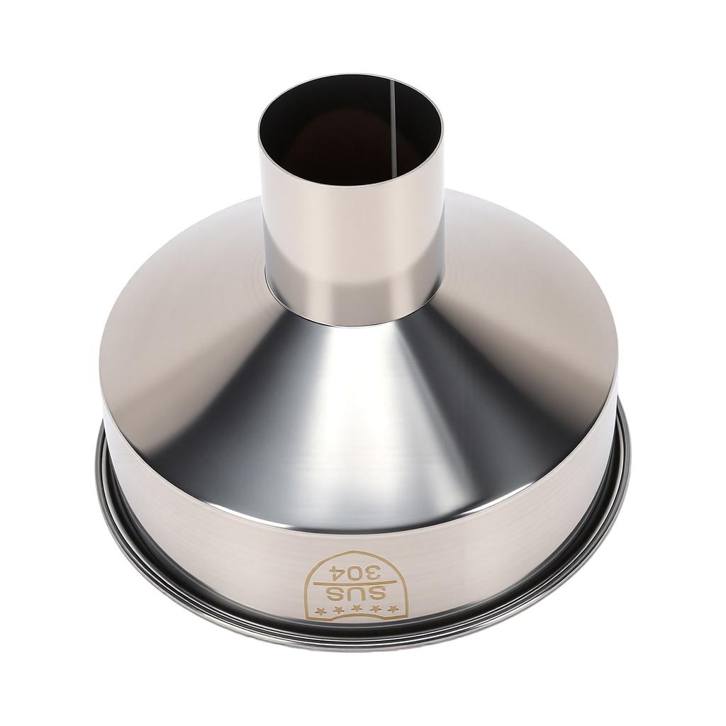 Stainless steel wide mouth hopper for grinding soybeans and oil.