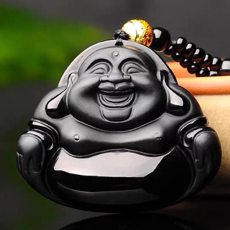 Obsidian Laughing Buddha Pendant Belly Maitreya Charm Classic Statue Jewelry