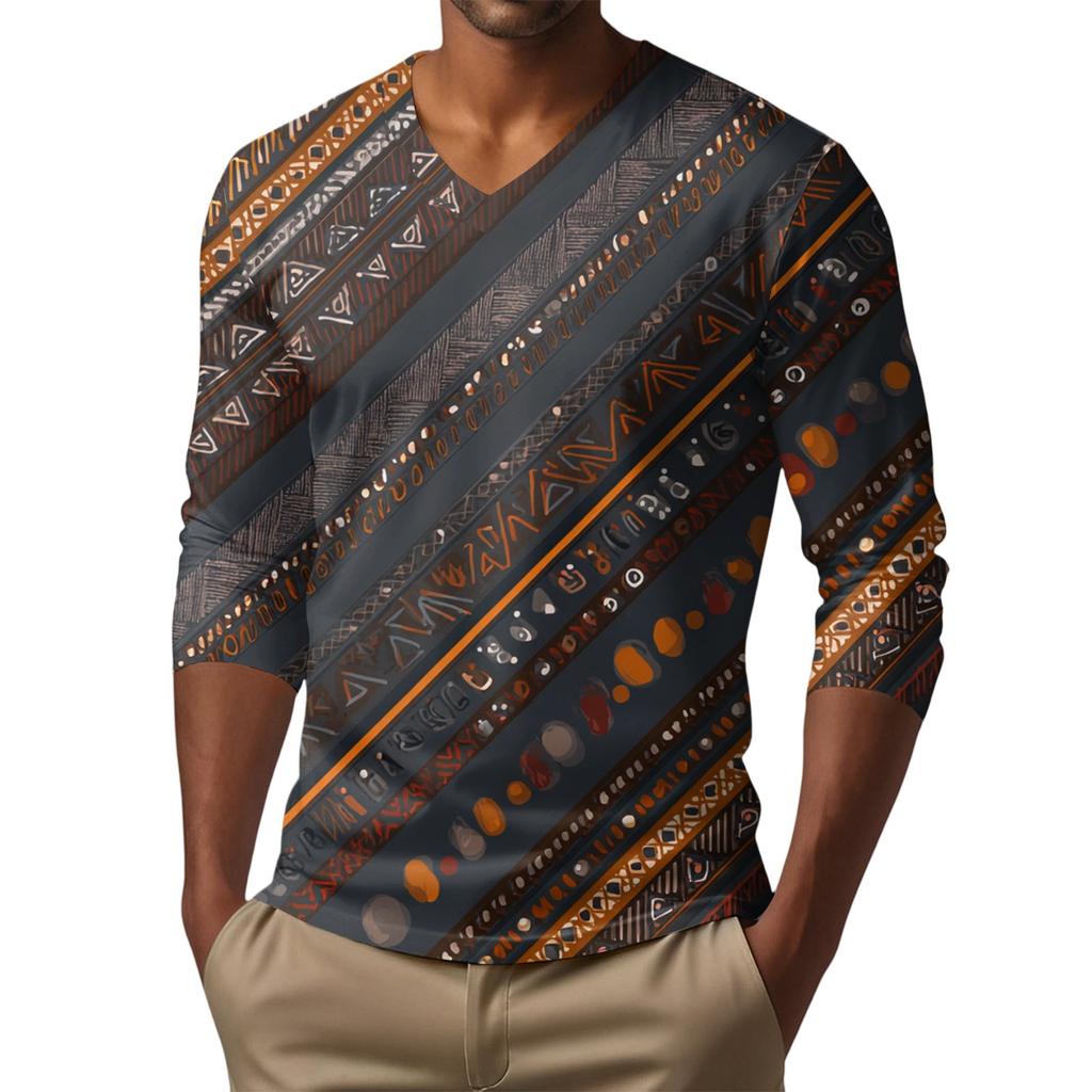 Men's V-neck Casual Fashion Printed Long-sleeved T-shirt Top