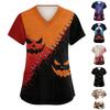 Womens V Neck Short Sleeve Work Shirt Side Slit Pockets Halloween Print Top Casual Comfortable Fit