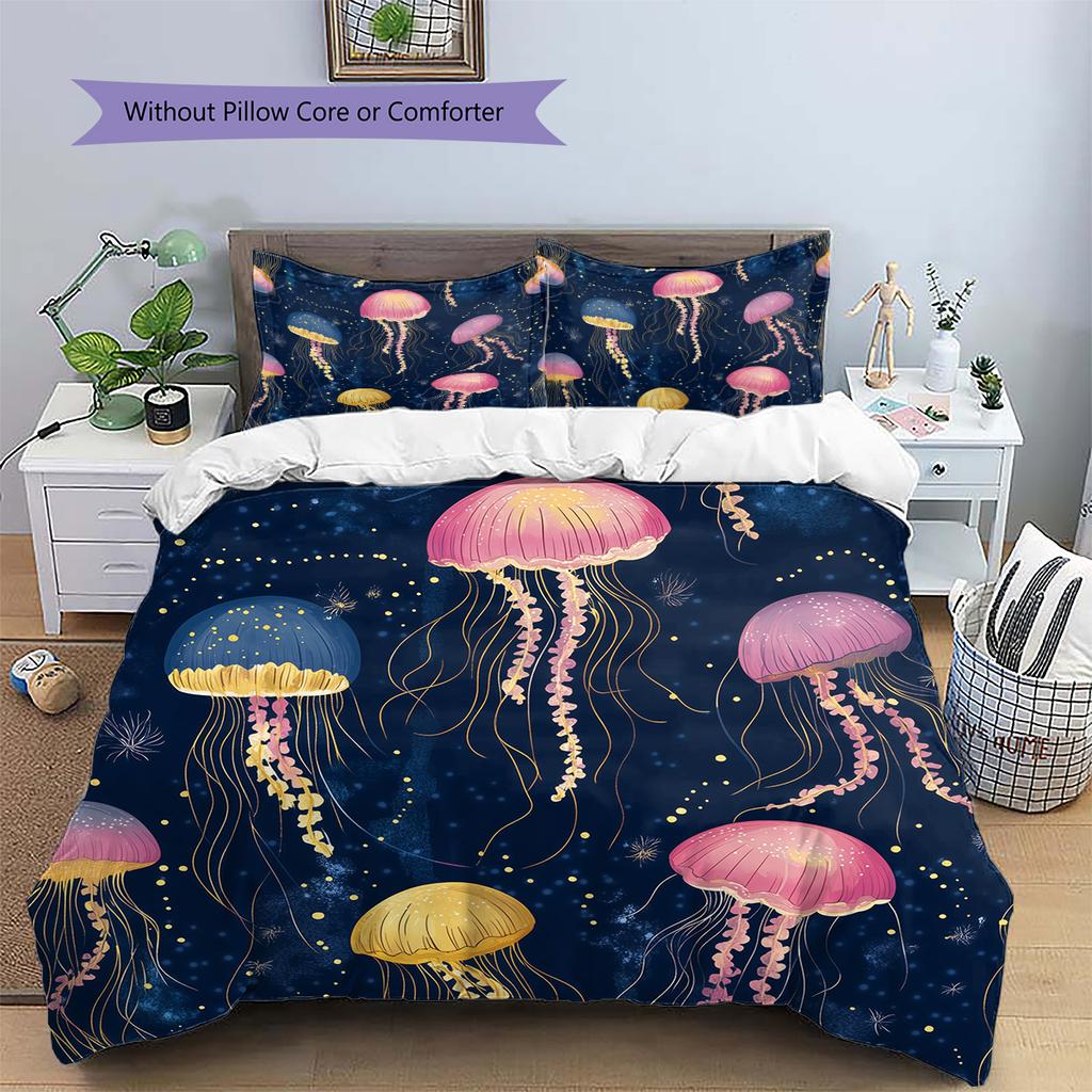 Colorful jellyfish  Pattern Bedding Quilt Set Quilt Cover Pillowcase Home Decoration  Gift (1 * duvet cover + 2 * pillowcase, without core)