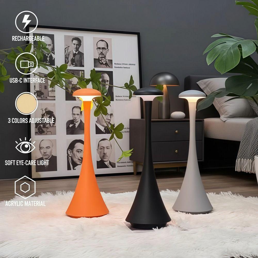 Rechargeable Mushroom Table Lamp USB-C Slim Waist Wireless Touch Lamp Soft Light Acrylic Desk Lamp Bedroom Atmosphere Light