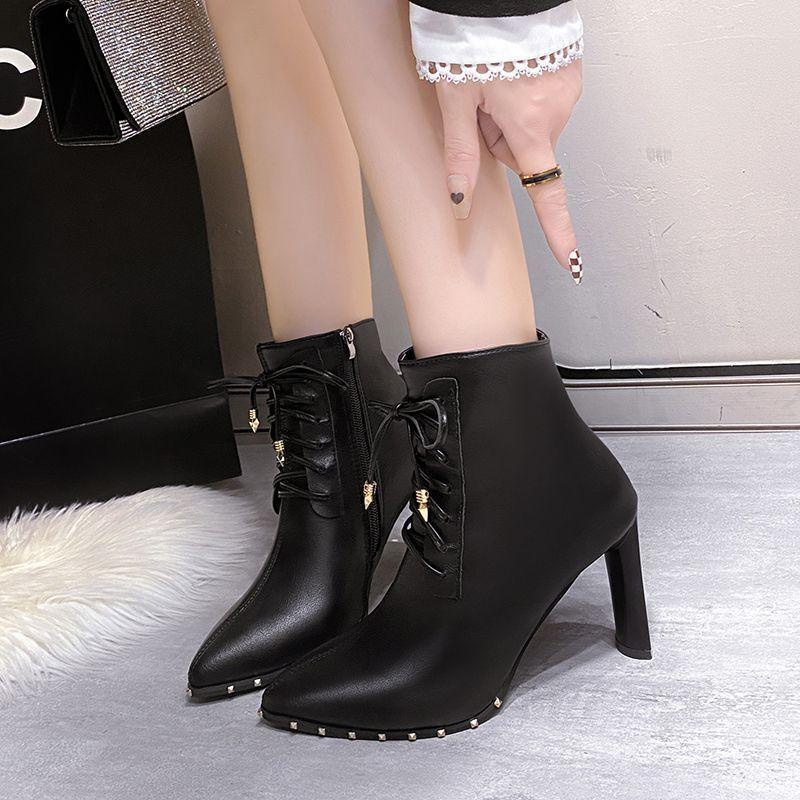 34-42 Large Size Women's Shoes Pointed Short Boots Women's New Temperament High Heels Thick Heel Non-slip and Thin Lace-up Martin Boots