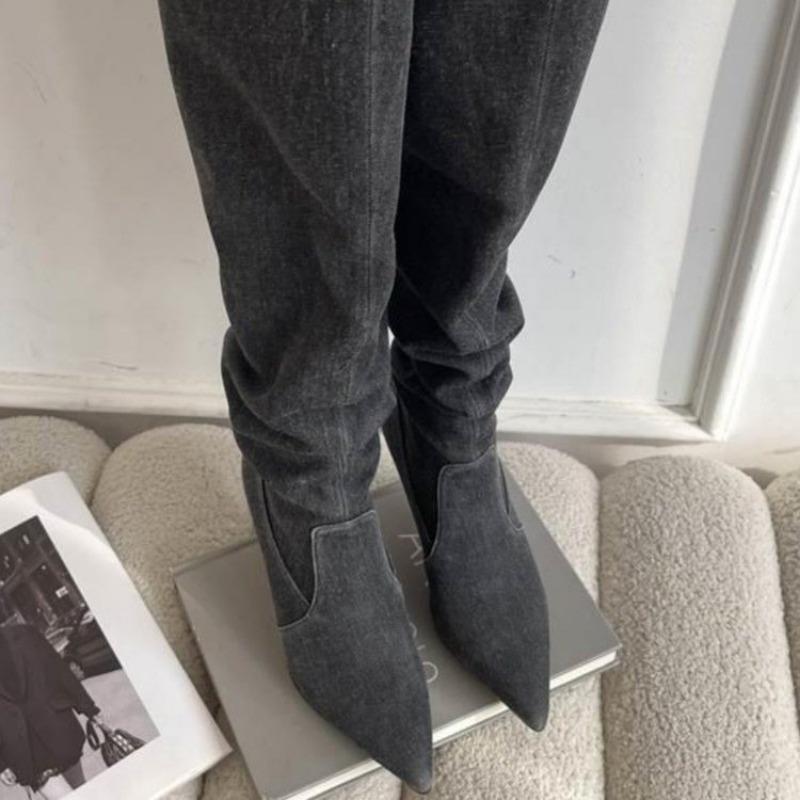 Moda de Primavera y Otoño Botas de Mujer Nuevas Color Sólido Denim Punta Afilada Tacón Alto de Aguja Manga Botas Altas de Mujer