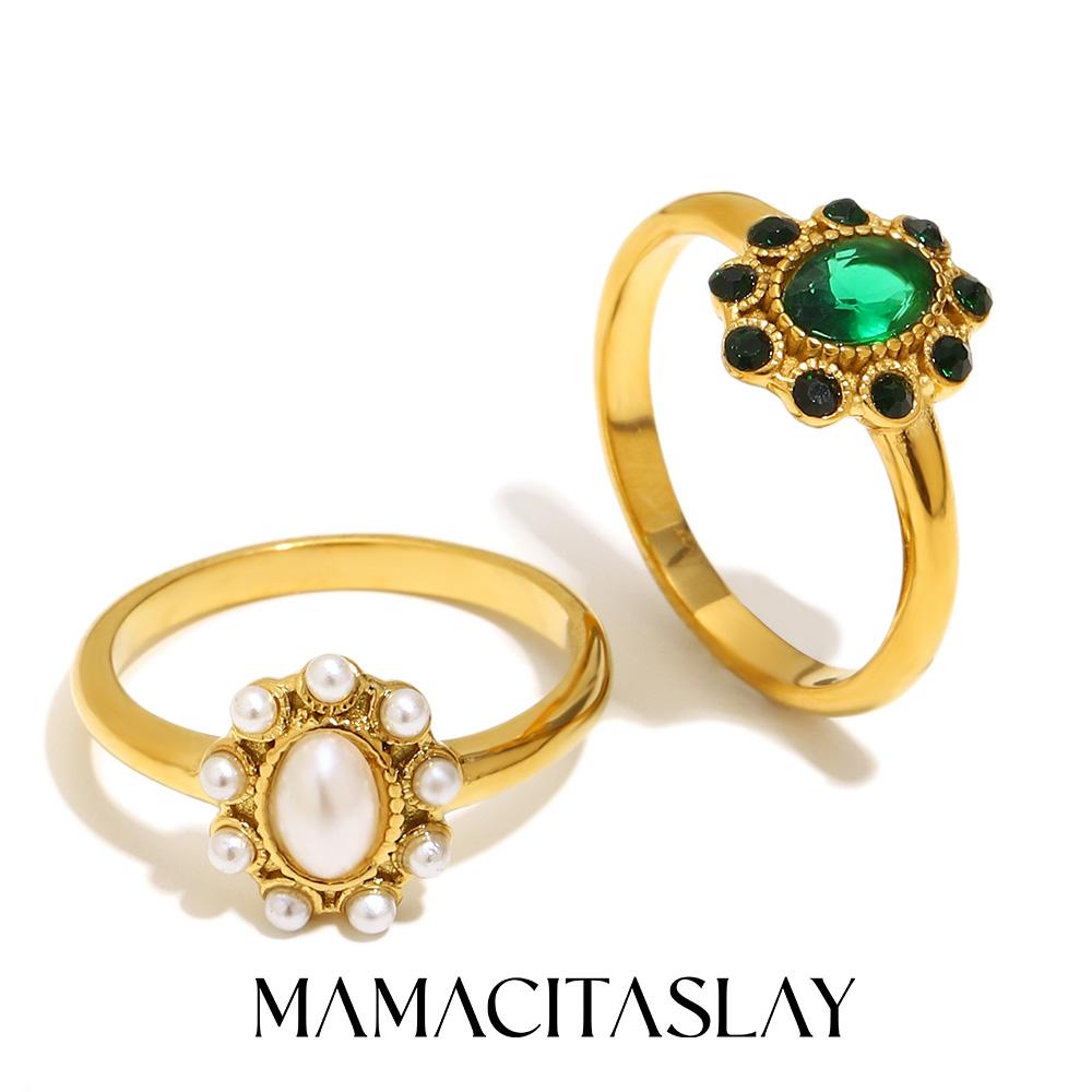 MamacitaSlay 316L Stainless Steel Vintage Pearl Zircon Flower Ring 18K Gold Plated Waterproof Jewelry For Women Stackable Ring