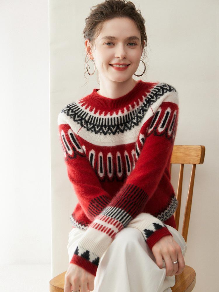 Artistic Retro Fair Isle Cashmere Sweater: 2025 Autumn/Winter Collection, Round Neck, Thick Knitwear, Loose Fit Fashion Base Layer