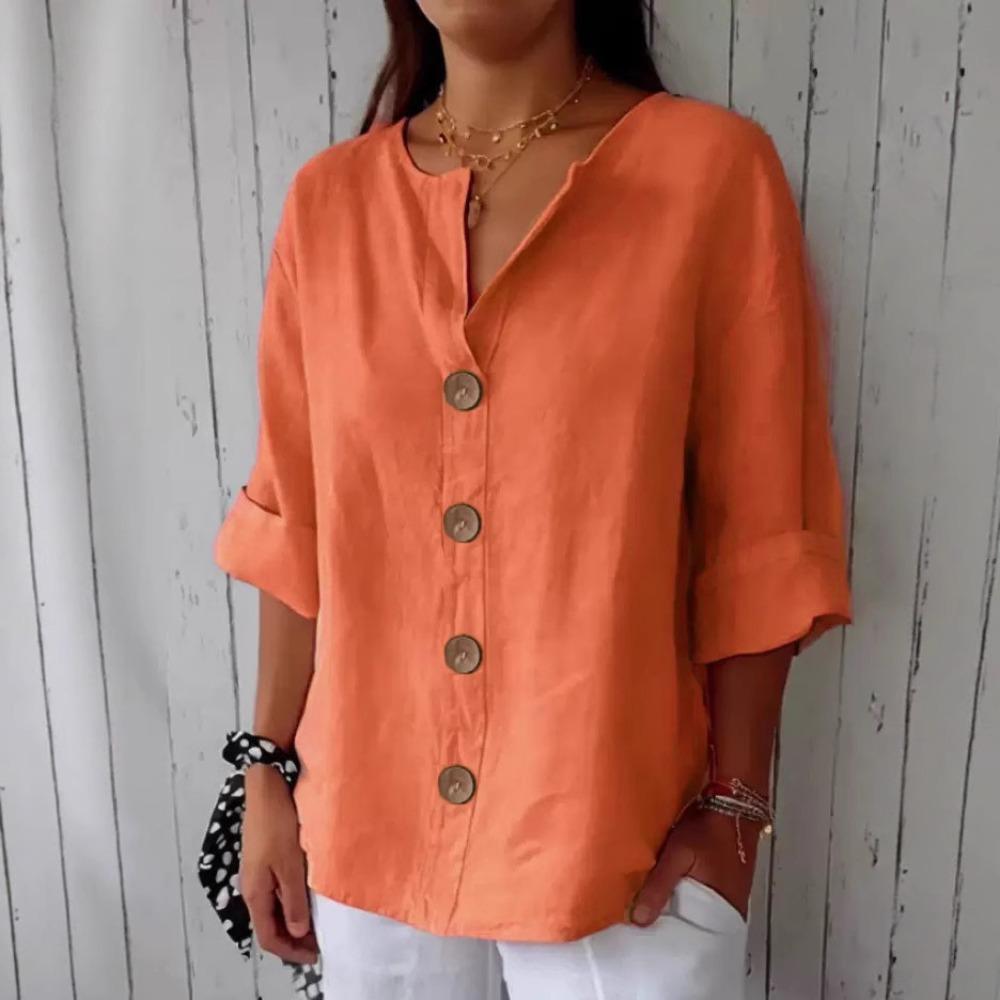 Spring and Summer New Fashionable Loose Fitting Women's V-neck Cotton Linen Button T-shirt Top for Women