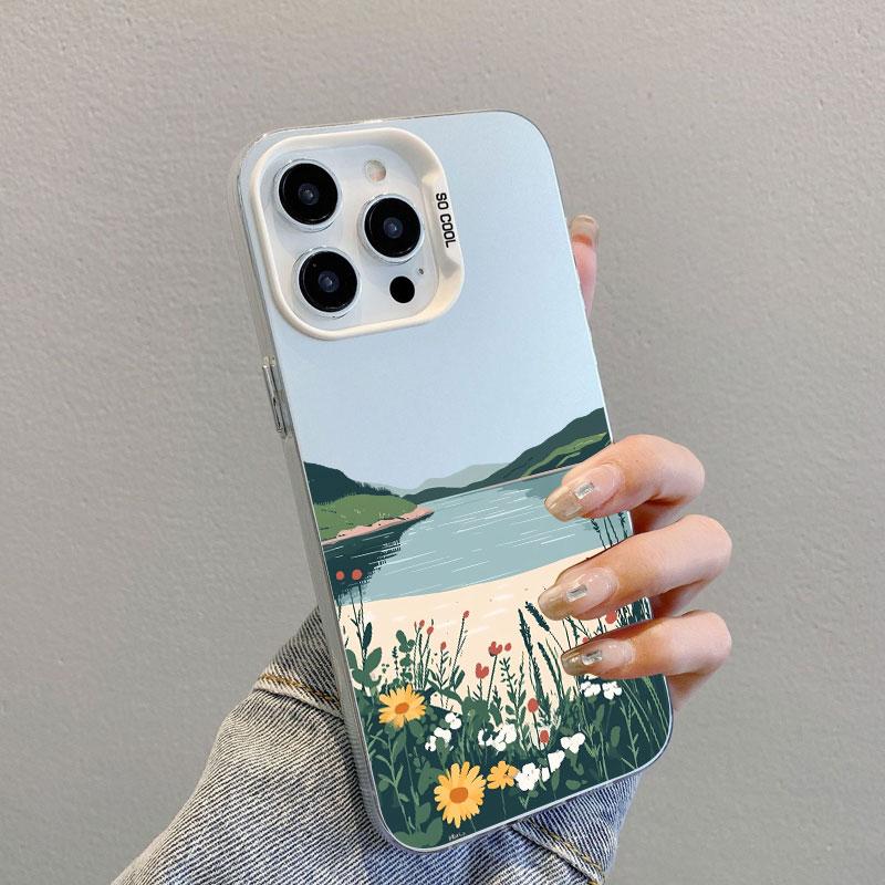 Mountains And Plains Fresh Flowers Laser Phone Case For iPhone 14 15 16 Pro Max Plus 13 Mini 11 12 Pro Max Shockproof Back Cover