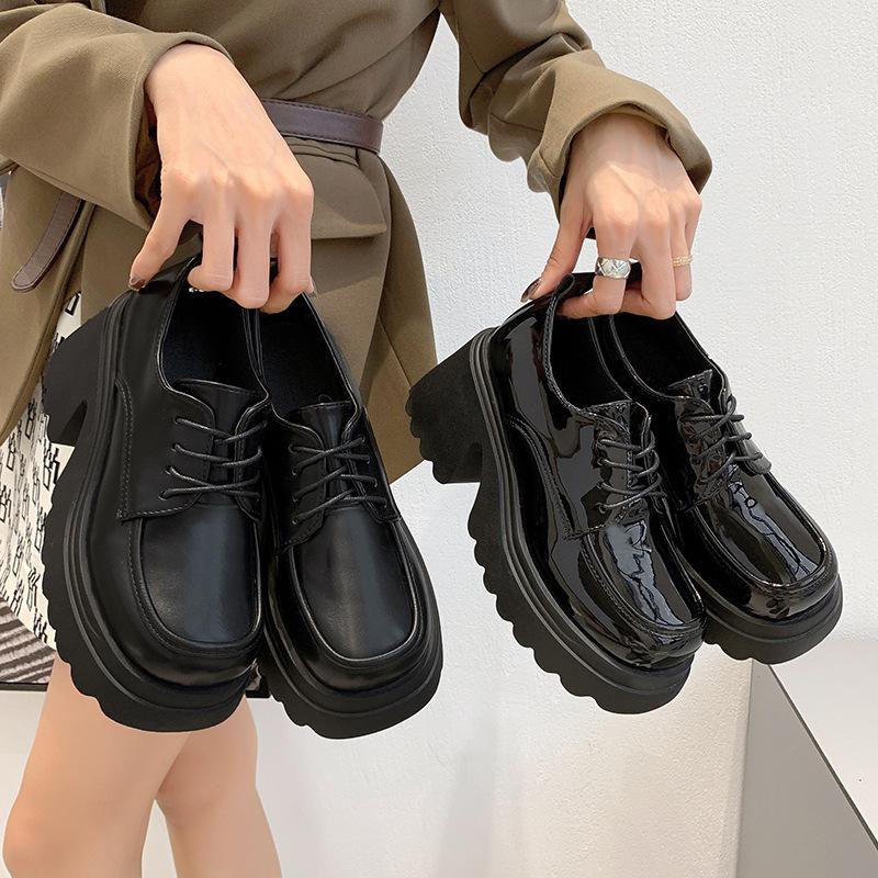 Black thick high-heeled British-style small leather shoes women's new autumn and winter round head thick-soled Mary Jane  shoes